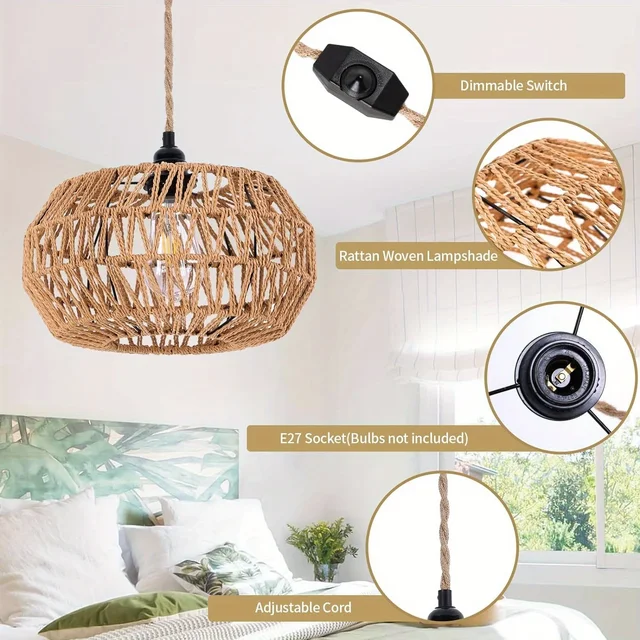 Boho Rattan Plug-in Pendant Light With Dimmable Switch - No Installation Needed, Perfect For Living Room, Bedroom & Dining