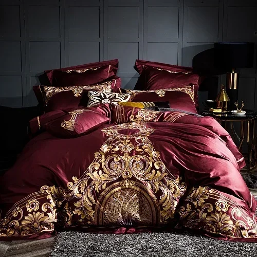 Luxury Gray Red 1000TC Satin Egyptian Cotton Bedding set Gold Royal Embroidery Queen King Duvet Cover Bed Linen/sheet Pillowcase - Image 5