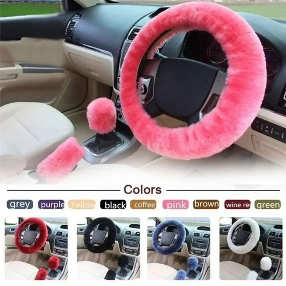 Car Steering Wheel Cover Gearshift Handbrake Cover Protector Decoration Warm Super Thick Plush Collar Soft Black Pink Women Man