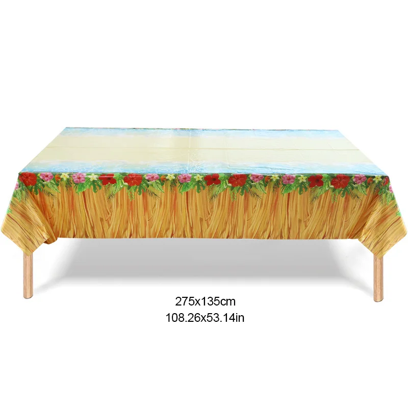 Hawaiian Party Disposable Tablecloth Grass Flowers Pattern Table Cover Tropical Summer Beach Birthday Party Decoration Supplies