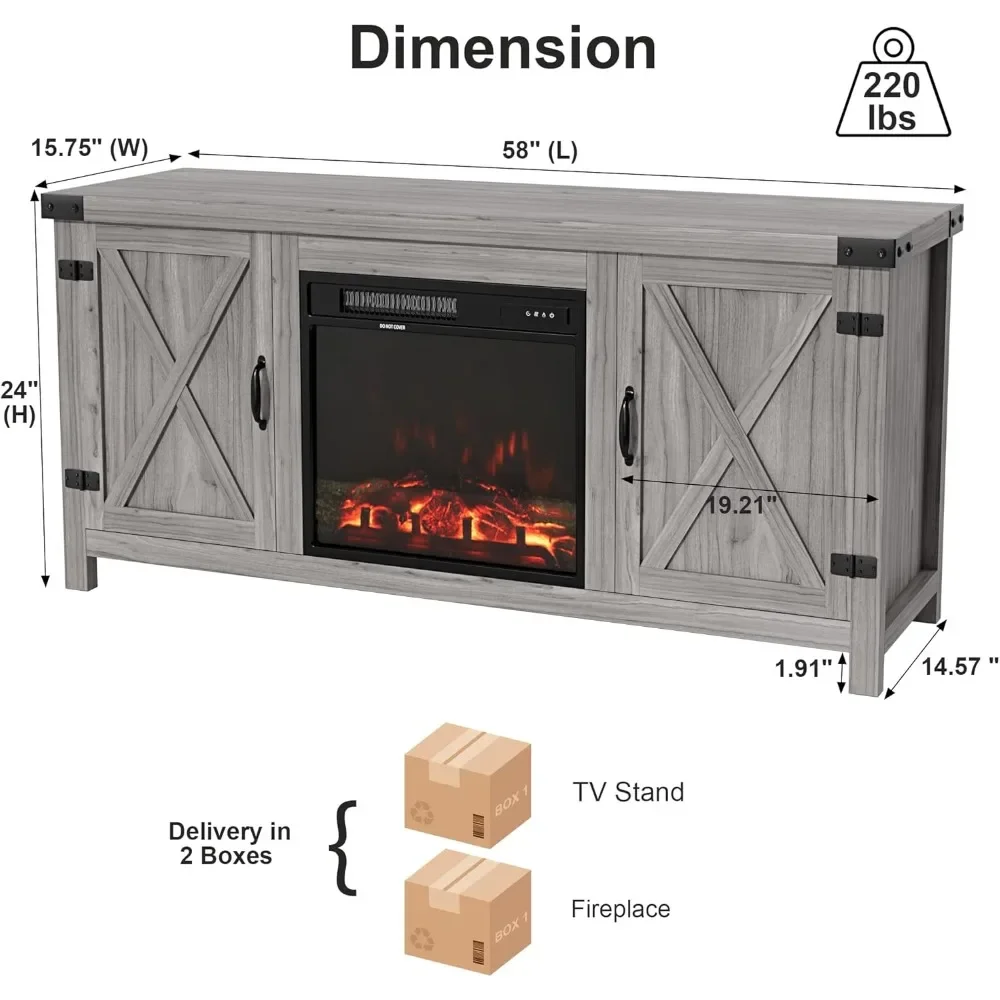 Fireplace TV Stand for Up to 65 Inches TVs, Farmhouse Center with Grooved Barn Doors, Media Console Table with Storage Cabinets 2