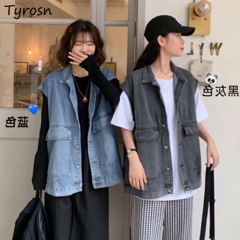 

Denim Vests Women Design Simple Retro All-match Outwear Casual Loose Cozy Tender Students Korean Style Sleeveless BF Do Old Chic