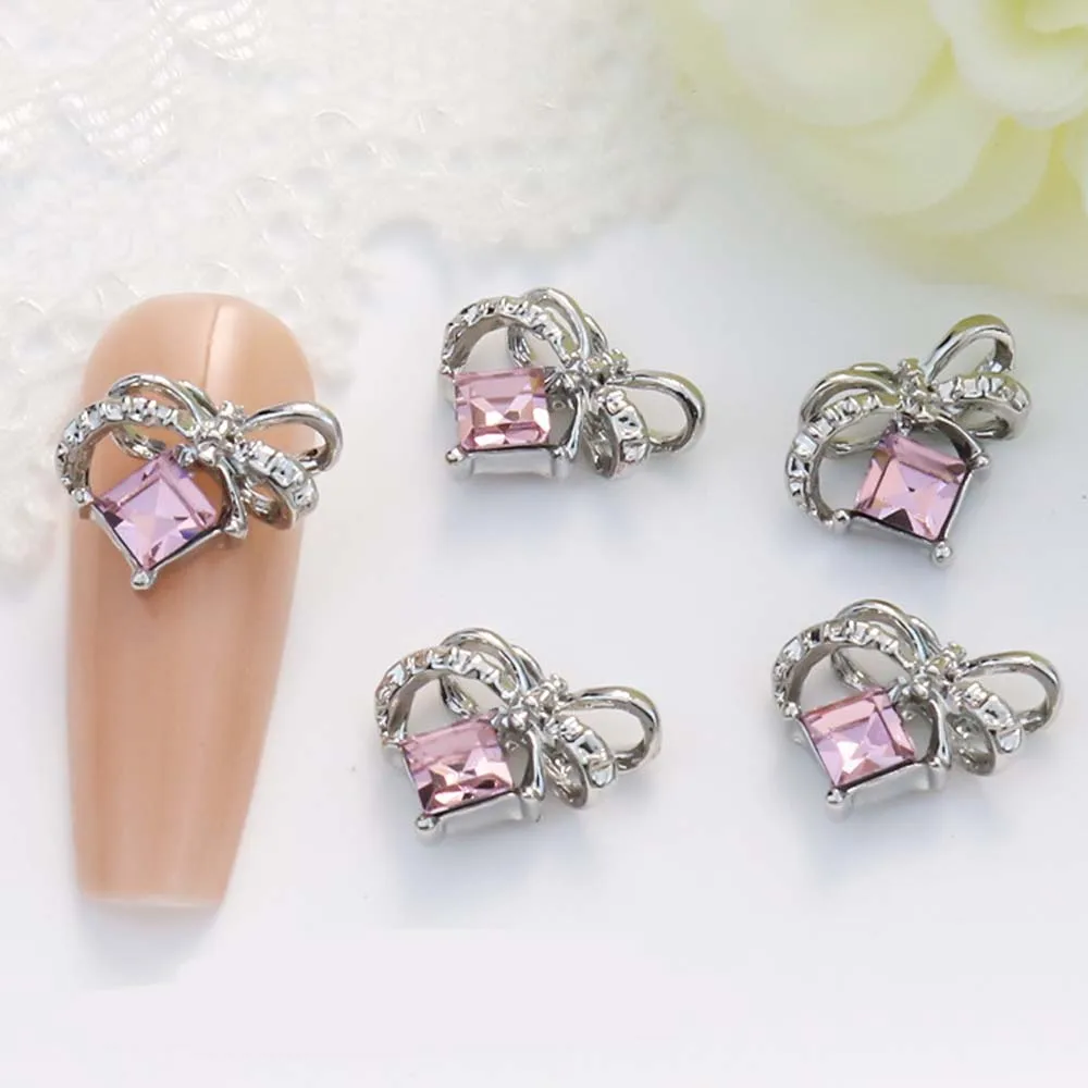 

10pcs Pink Ribbon Gem Nail Art Charm 3D Silver/Gold Bowknot Ribbon With Crystal Nail Decor Parts DIY Fashion Nail Accessories