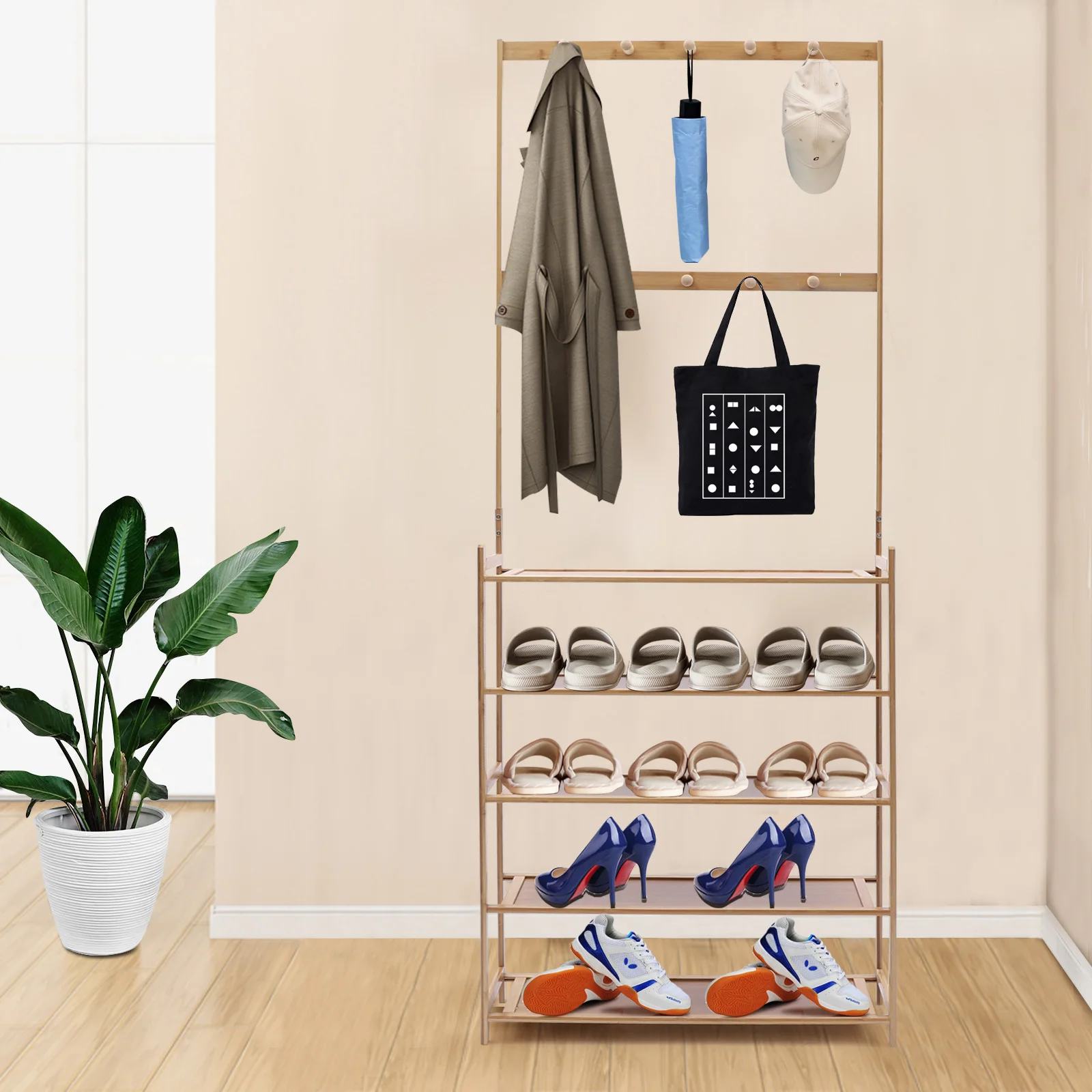 

176*70*23cm Five-Tier Bamboo Shoe Rack w/ 8 Hooks