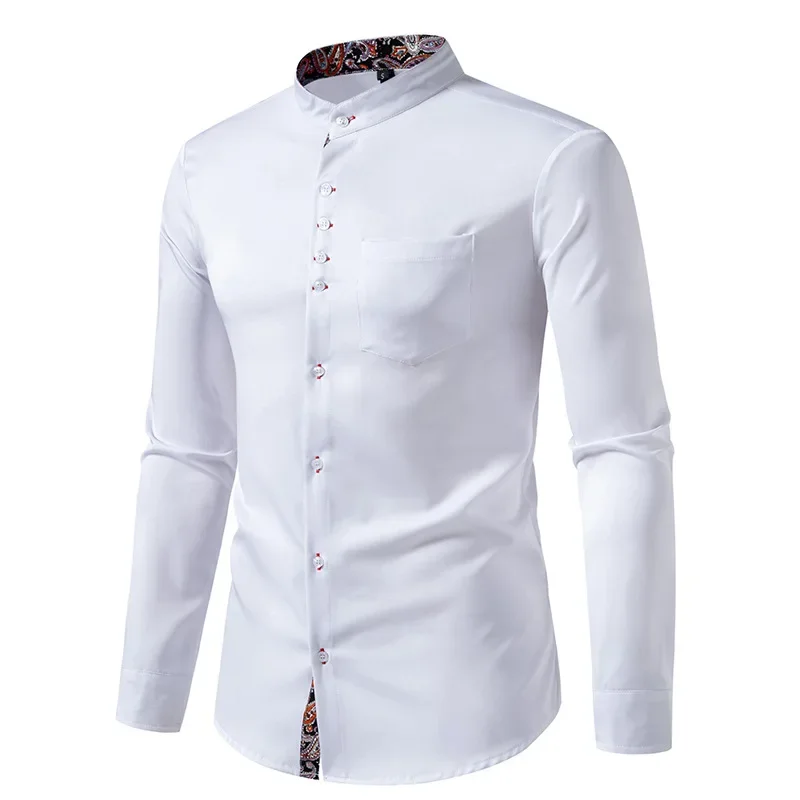 Description Picture 3 of itemWhite Paisley Costrast Tuxedo Shirt Men 2024 Brand Slim Fit Long Sleeve Henley Dress Shirts Formal Business Pocket Shirt Male