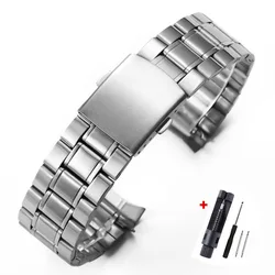 Curved End Stainless Steel Watch Strap with Folding Buckle - Silver Metal Universal Bracelet - 22mm (Silver)