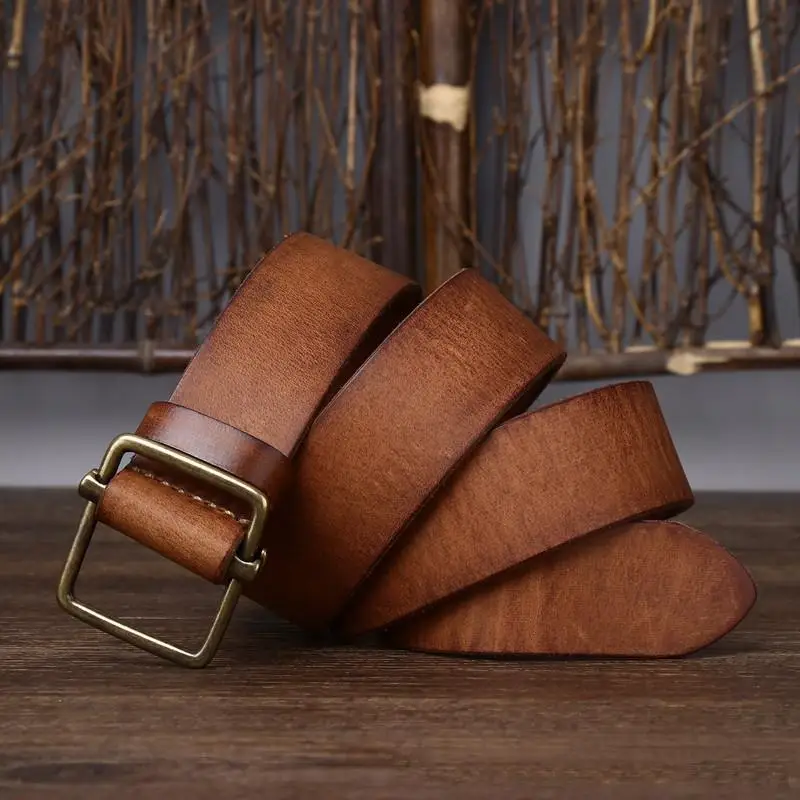 100% Genuine Leather  3.8 Wide Pure Cowhide  for Men's High Quality Jeans No Drilling Smooth Buckle Belts  Waistband Male Fashio