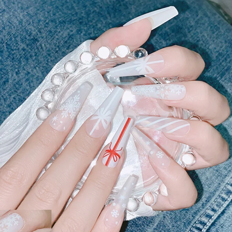 24pcs White Glitter SNOWFLAKE French Manicure Artificial Finger Nail Set  Fake False Press on Long Fingernail Glue Kit FREE Shipping 46 -  Finland