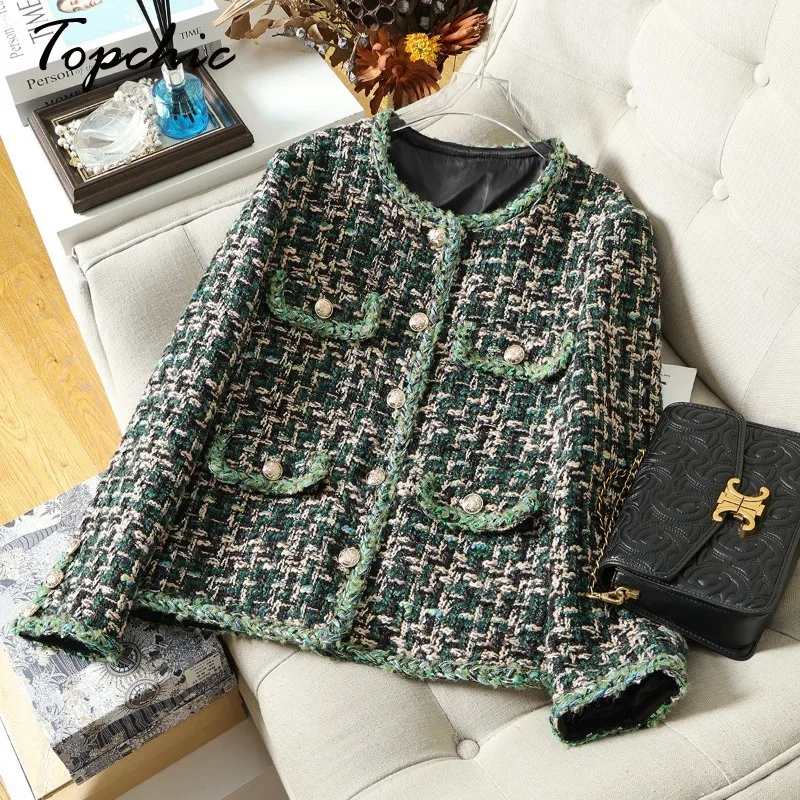 

Luxury Designer Wool Coats for Women 2023 Autumn Winter High Quality Elegant Tassel O-neck Green Plaid Tweed Jacket Chaquetas