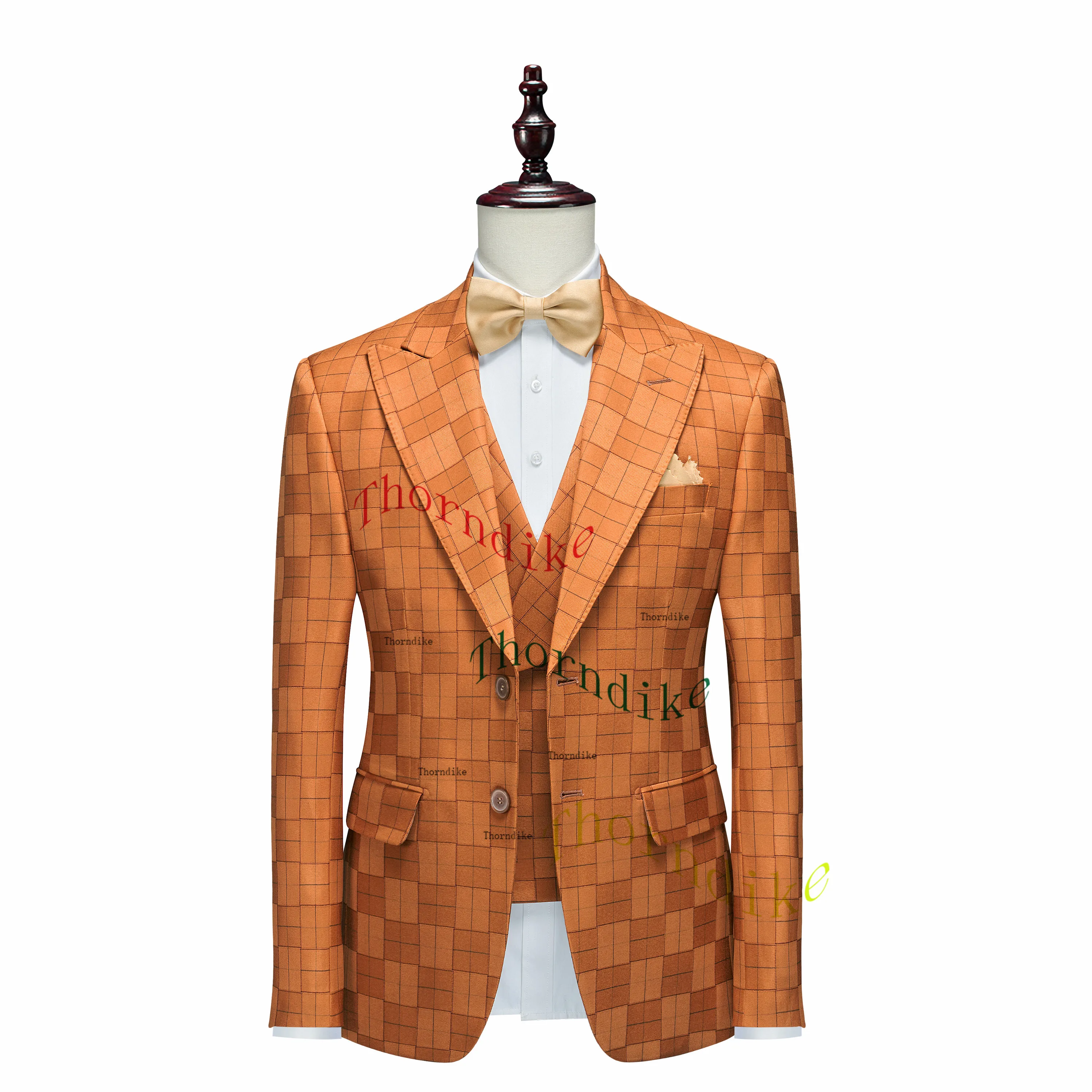 Thorndike Elegant Orange Single Breasted Men Suit Wedding Tuxedos Groom Suits For Male Business Men (Jacket+Pants+Vest)