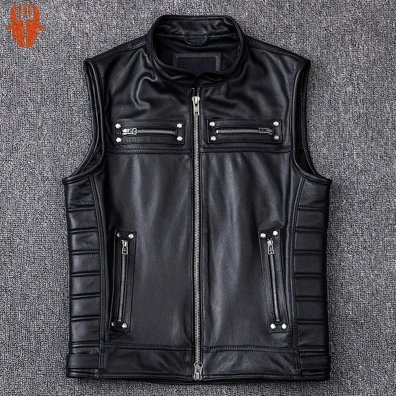 

New Genuine Cowhide Leather Vest Men's Motorcycle Biker Vests High Quality Stand Collar Sleeveless Jackets Zipper Waistcoat