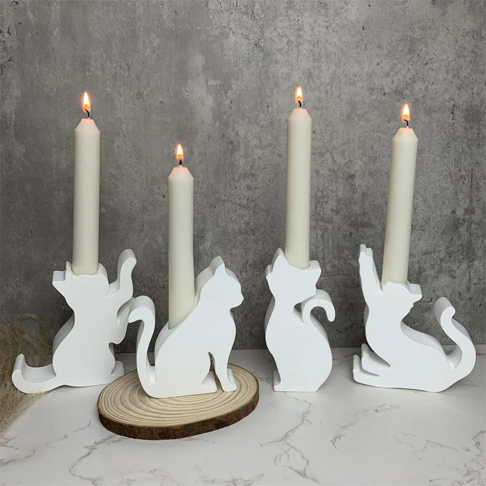 Kitten Candle Holder Mold Cute Cat Candlestick Silicone Mold Concrete Cement Plaster Candle Holder Tray Pottery Mould Home Decor