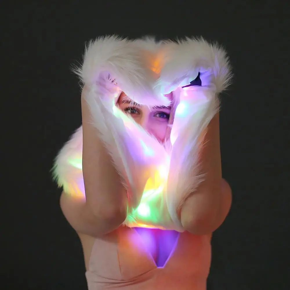 Hot Sale Women Hat Multi-color LED Scarf LED Light Up Faux Fur Animal Ears Hood With Scarf Cosplay Halloween Hats