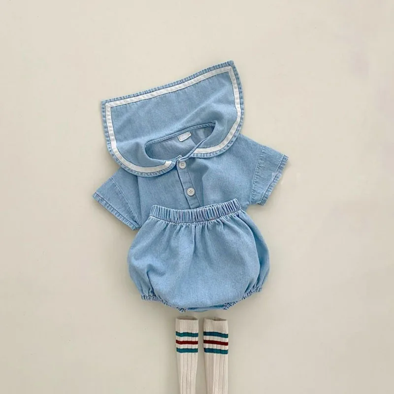 Denim Kids Set with Sailor Collar for 0 3 Years Old