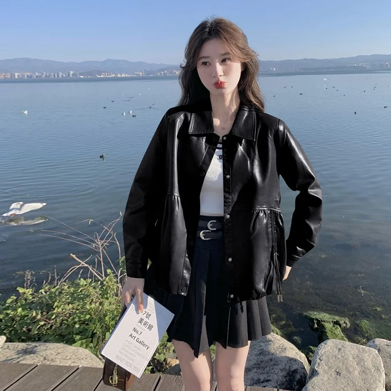 Maillard 복고풍 커피 컬러 가죽 코트 겉옷 여성 2024 봄 새로운 작은 느슨한 캐주얼 오토바이 가죽 재킷