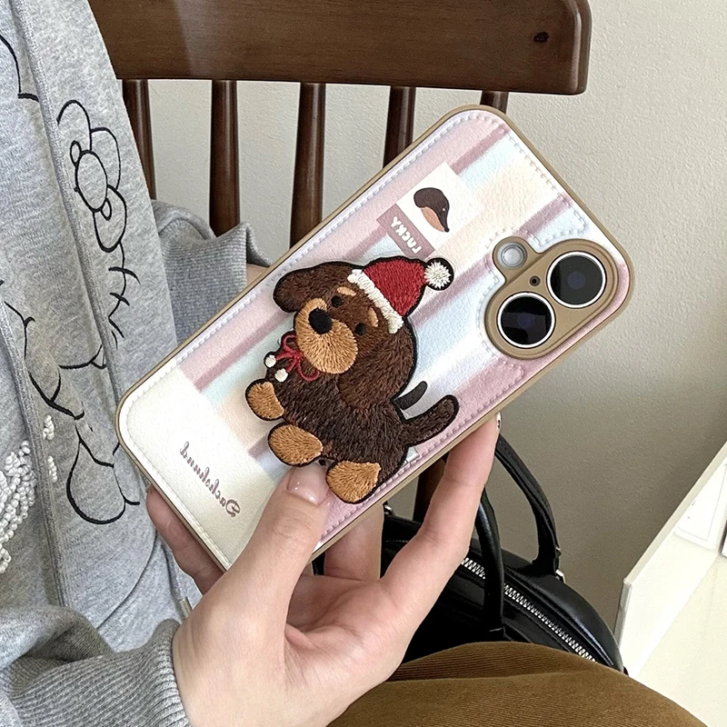 Embroidered Lucky Puppy Dog Folding Bracket Back Cover Case For iPhone 16 15 13 14 Pro Max