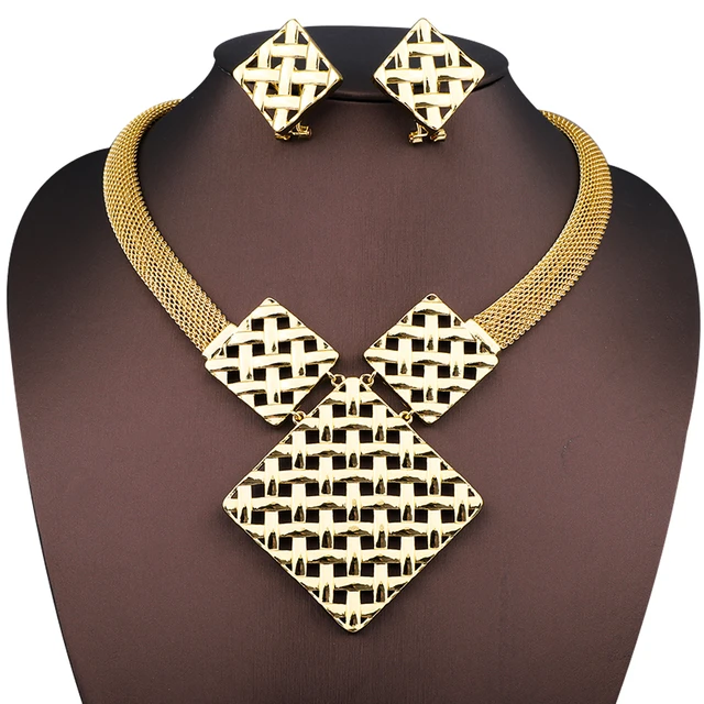 Square Motif Gold-plated Choker Necklace Set