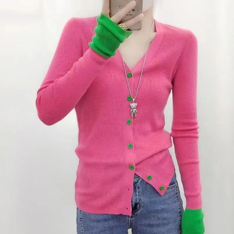 2024 Autumn New Simplicity Patchwork V-neck Long Sleeve Knitting Cardigan Ladies Fashion Slim Buttons Bottoming Shirt Femme Coat 5