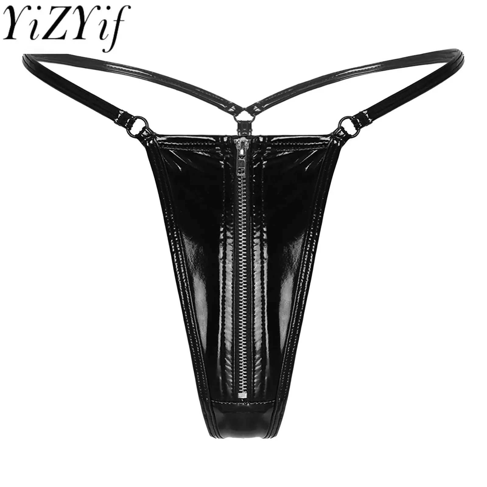 

Womens Latex Patent Leather Lingerie Underwear Wetlook Zipper Crotch T-back G-string Thongs Glossy Low Waist Open Butt Briefs