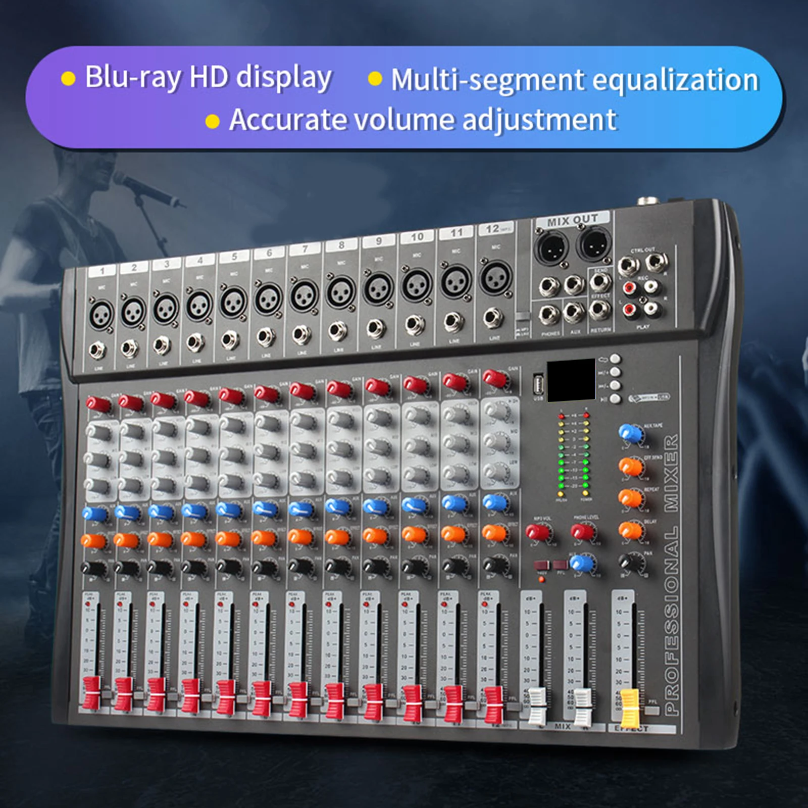 

12 Channels Audio Mixer Analog Mixer Stable Transmission LCD Digital Display DJ Sound Controller for Recording DJ Stage Karaoke