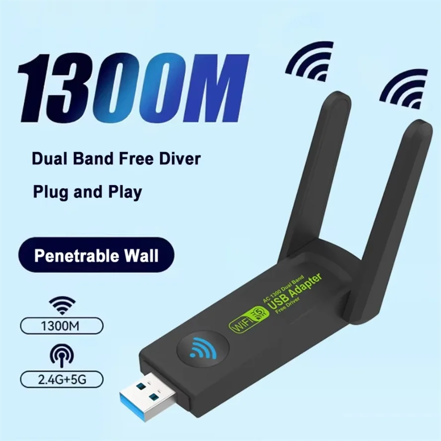 1300Mbps WiFi USB 어댑터 듀얼 밴드 2.4G/5Ghz Wi-Fi 동글 802.11AC PC 노트북 드라이버 용 강력한 안테나 무선 수신기 무료