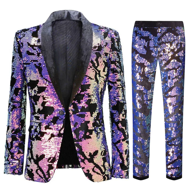 European Size (Blazer + Trousers) Men's Suit Fashion White Velvet Sequin Italian Style Wedding Wedding Groom Dress 2 Piece Set mens suit