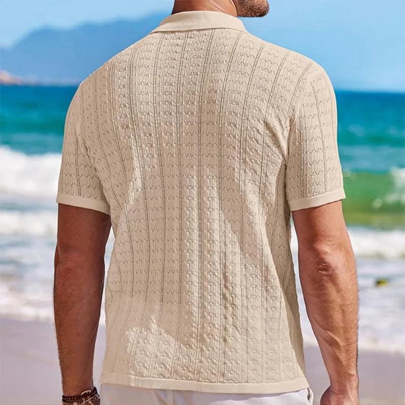 Mens Knitted Short Sleeve Shirts Vintage Texture Casual Breathable