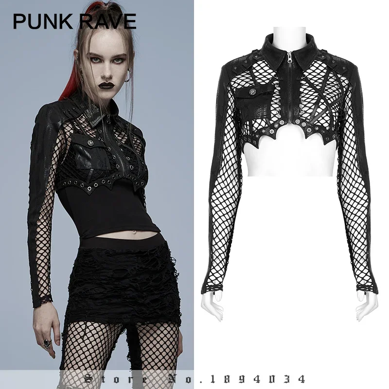 

PUNK RAVE Women's Punk Military Jacket Irregular Mesh Printed Knitted Bat and Corns Decoration Personality Black Short Coat