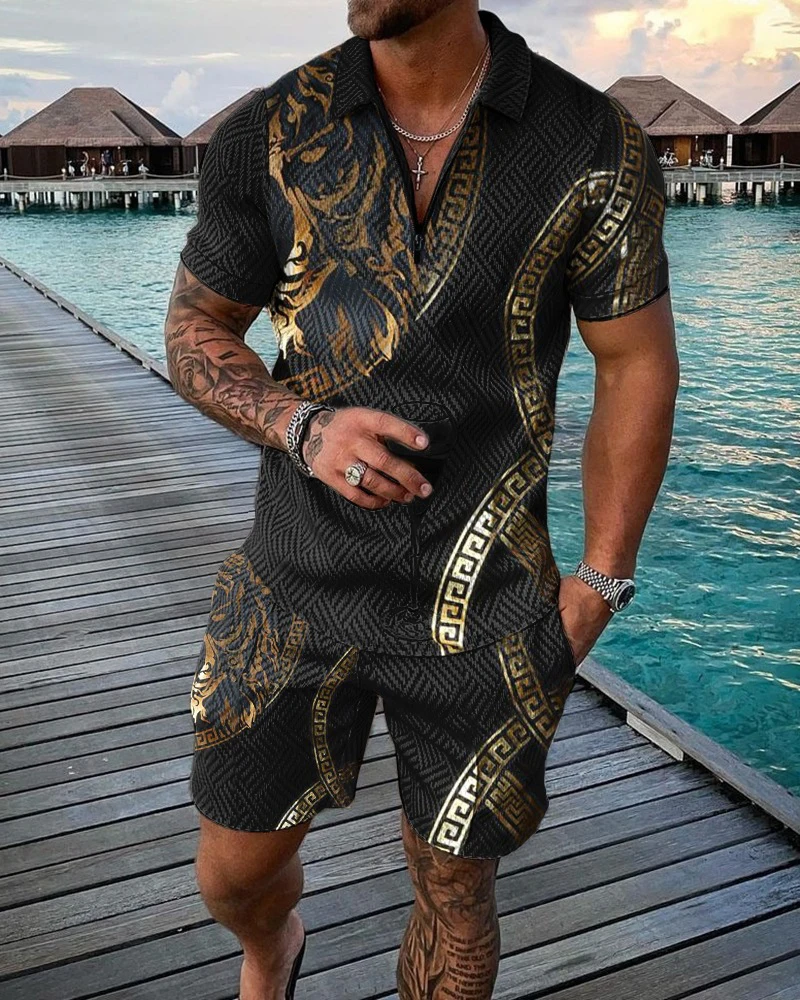 Men's Summer Sportswear Deluxe Gold Chain Polo Shirt Set Low Neck Zipper Clothing Streetwear Temperament Casual Wear S-3XL