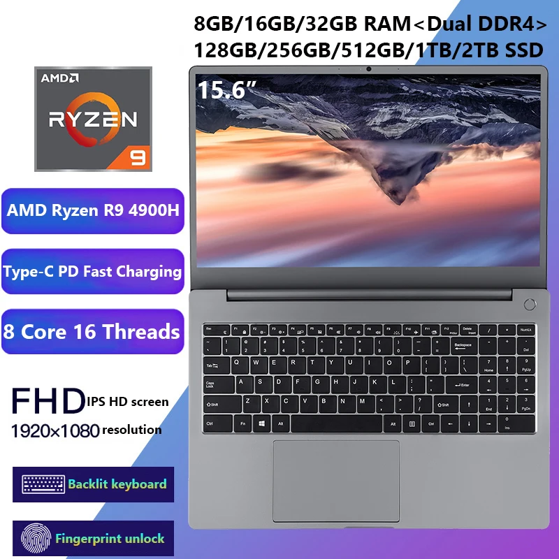 게이밍 노트북, 15.6 인치 AMD Ryzen R9 4900H 32G + 2TB SSD, Win 10 컴퓨터 사무실 노트북, 와이파이 C 타입 고속 충전 지문 잠금 해제