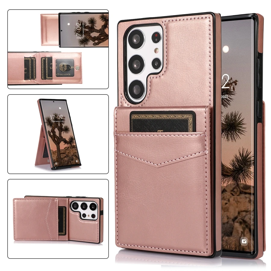 Elegant Solid Color Leather Wallet Case with Card Flip and Bracket