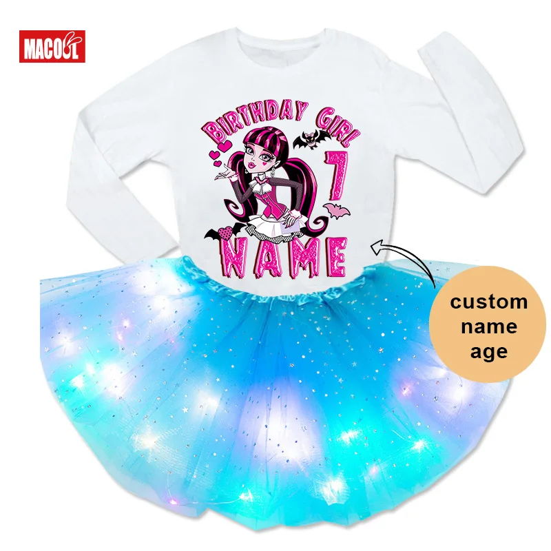 thumbnail image 1 of Conjunto de tutú y vestido para cumpleaños de niñas, traje de fiesta de cumpleaños de Monster High Boll, vestido ligero para fiesta de niñas, falda de 5 años, manga larga, 1 of 5