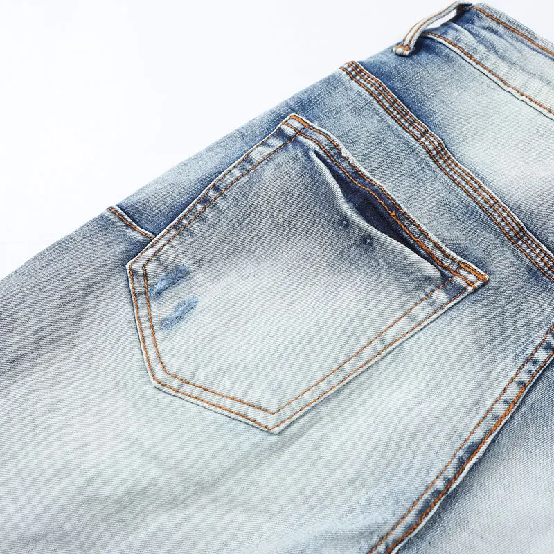 High Street Fashion Men's Jeans Vintage Light Blue Elastic Tight Split Jeans Men's Patch Designer Hip Hop Brand Casual Pants