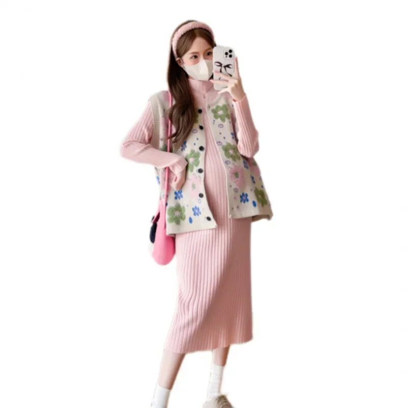 Maternity Fashion Knitted Autumn Winter Set Loose Base Layer Skirt with Flower Design Thickened Sweater Vest Pure Color
