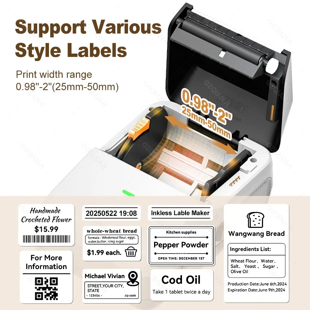 P2 Mini Thermal Printer & 3 Rolls Thermal Self-adhesive White Label for Home & Office Clothing Food Wireless Sticker Label Maker