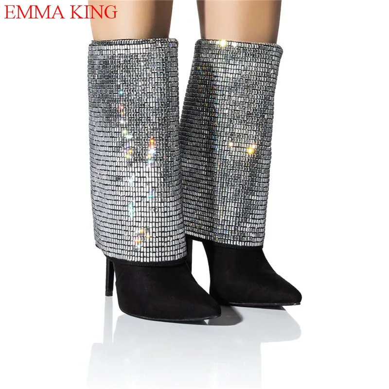 

Fashion Bling Rhinestone Stud Ankle Boots Crystal Flock High Heels Party Women Shoes Autumn Winter Pointed Toe Botas Mujer 2022