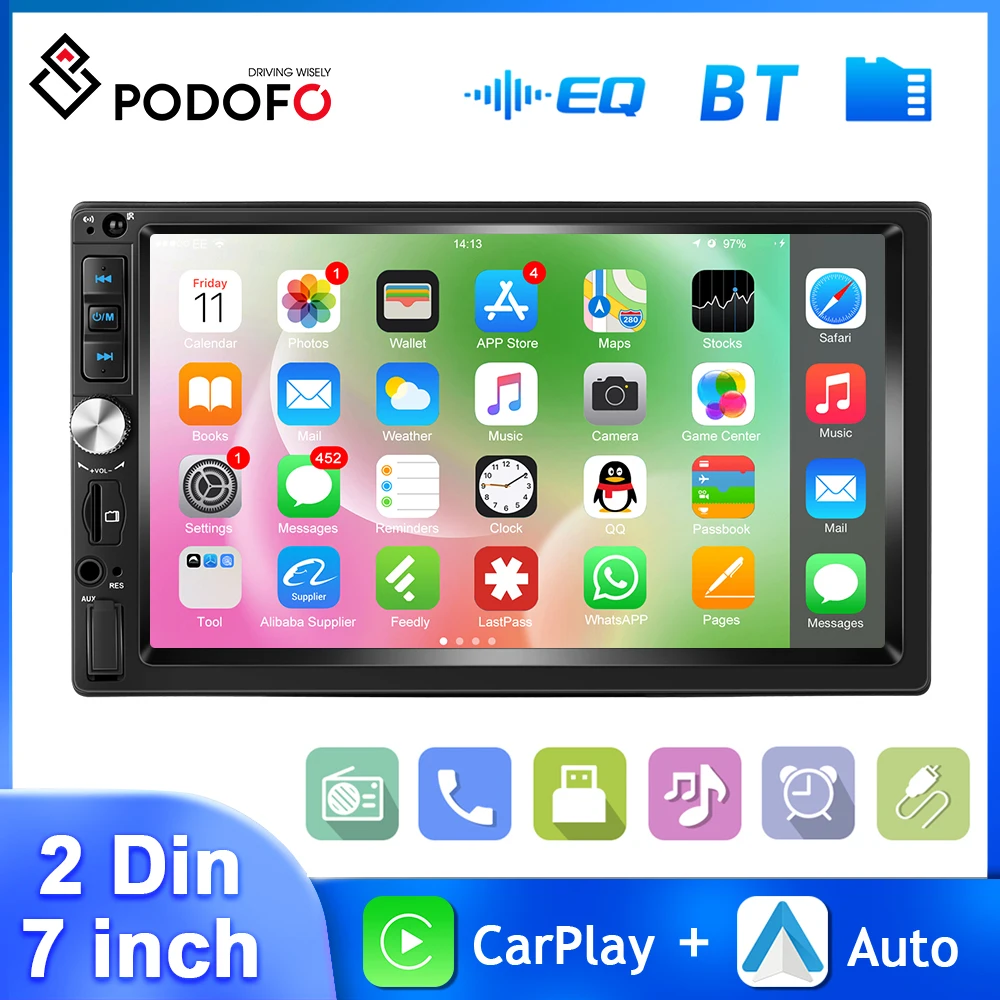 Podofo 차량용 라디오 MP5 유선 카플레이, 안드로이드 자동 2Din 멀티미디어 플레이어, 7012B 미러 링크, 블루투스 백미러 카메라 오디오, 7 인치