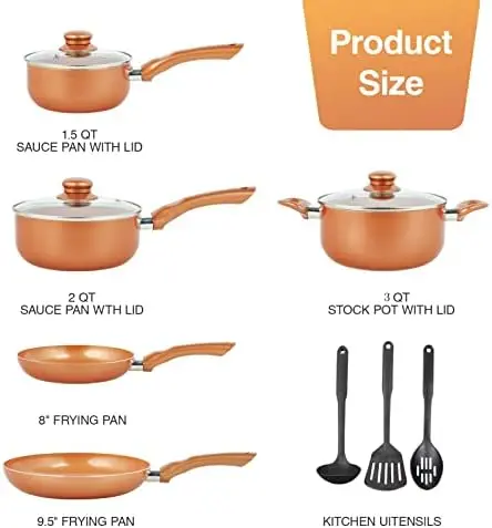 M MELENTA Pots and Pans Set Ultra Nonstick, Pre-Installed 11pcs Cookware Set  Copper with Ceramic Coating, Nylon Kitchen Utensils