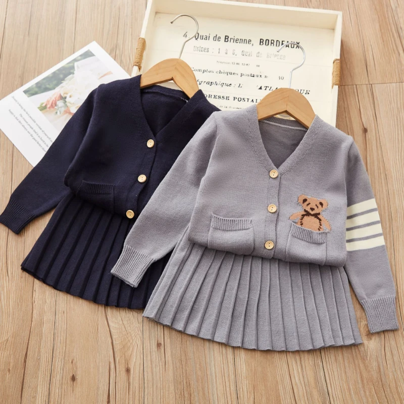 

Children's Knitwear Set Korean Style Outfit Girls Solid Color School Fashion Sweater 2pcs Sets Baby Girl Cartoon Toddler Sweater