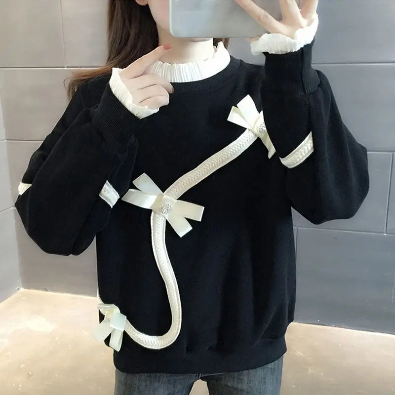 Autumn Winter Women\'s Sweet Patchwork Fake Two Piece Sweatshirt Lady Loose Casual Vintage All-match Pullover Top Female Clothes