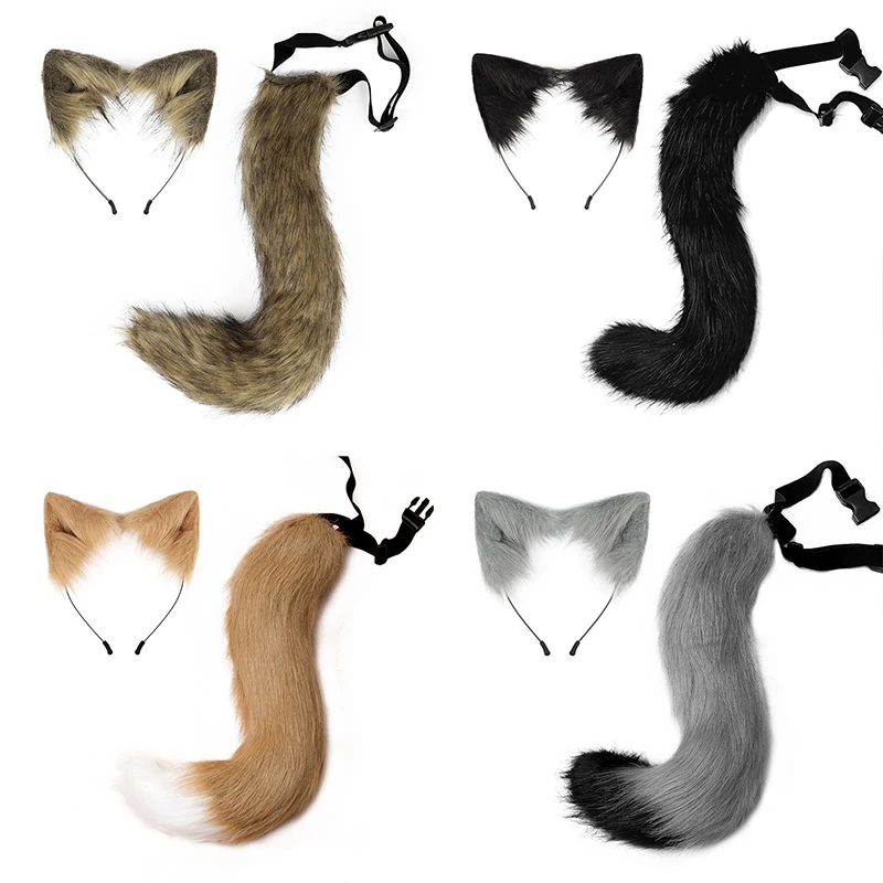 New Wolf Tail  Fox TailHandmade Fox Wolf Ears Headband and Faux Fur Tail for Halloween Cosplay Party Costume Accessories new furry plush wolf cat ears headband realistic animal fox hair hoop lolita anime decor ear cosplay kawaii accessories