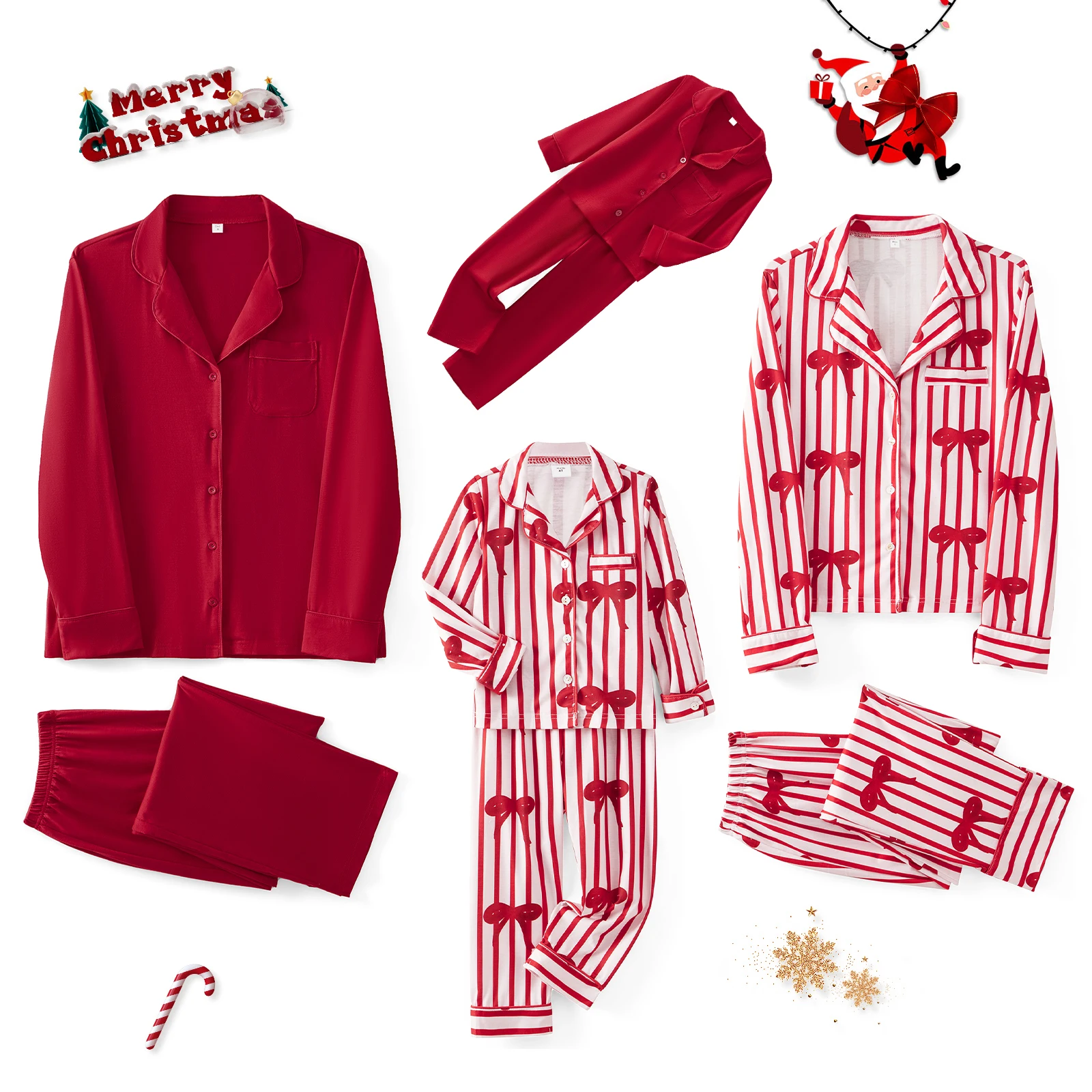 thumbnail image 4 of Conjunto de pijama navideño de 2 piezas a juego para la familia Combhasaki, blusa de manga larga con botones y cuello de solapa + pantalones largos, ropa de estar por casa con estampado de lazo, 4 of 5