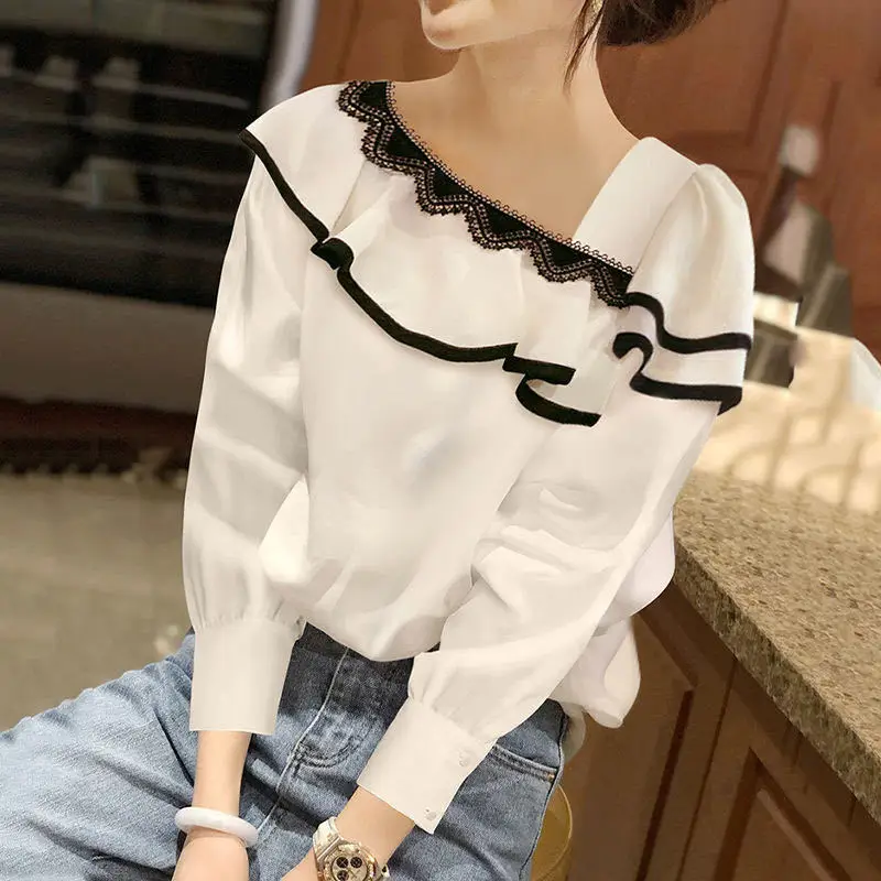 

Sweet Skew Collar Spliced Lace Ruffles Blouses 2022 Autumn New Casual Puff Sleeve Tops Commute Women's Clothing Korean Shirt