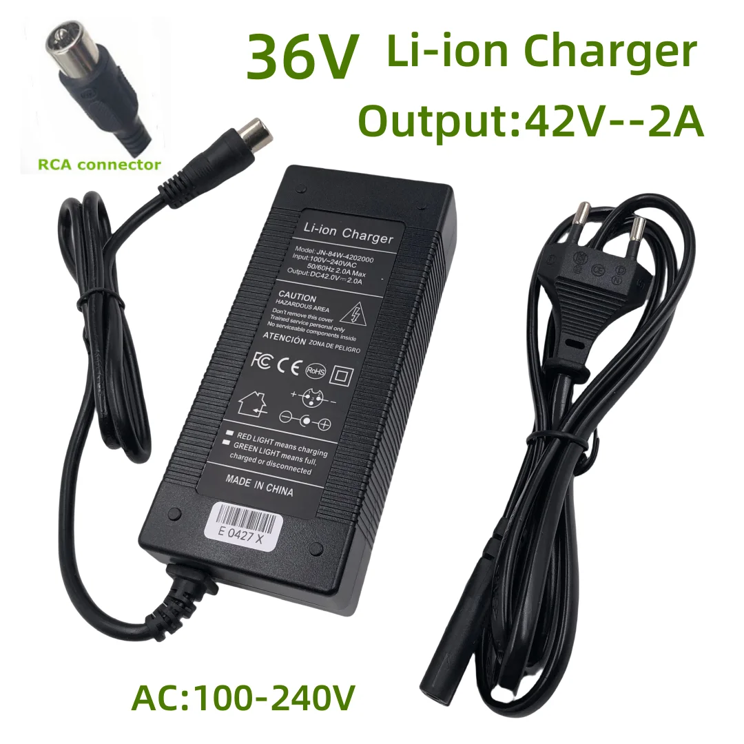 High-Efficiency 42V Li-ion Battery Charger with RCA Plug, Universal Input 100-240V