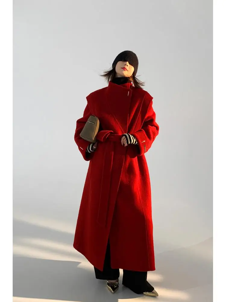 

Metal Buckle Design Woolen Jackets 2023 Autumn/Winter Stand Collar Double-Sided Lace Up Tie Loose Long Women Wool Coats