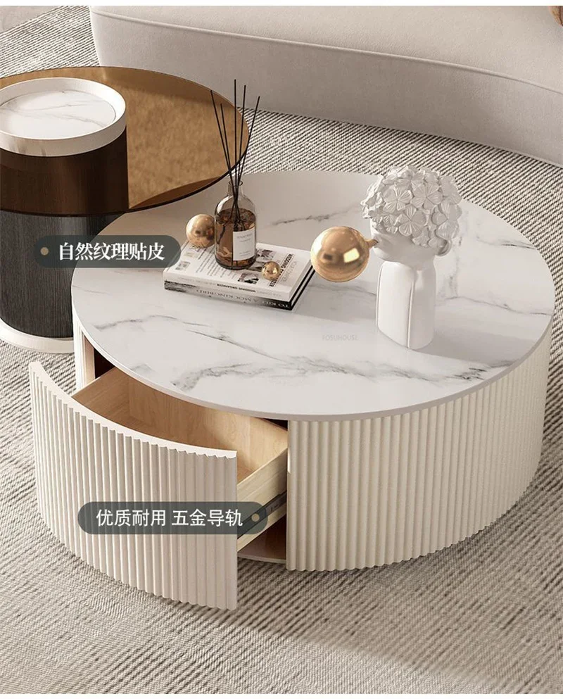 Nordic Rock Slab TV Stands Coffee Table Set Minimalist TV Cabinet Small Apartment Cream Round Coffee Table Living Room Furniture
