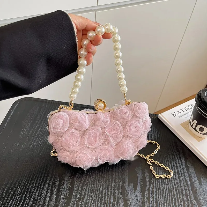 Elegant Evening Clutch Bag Women's New Satin Flower Pearl Chain Handbag Shoulder Ladies Party Banquet Crossbody Bag