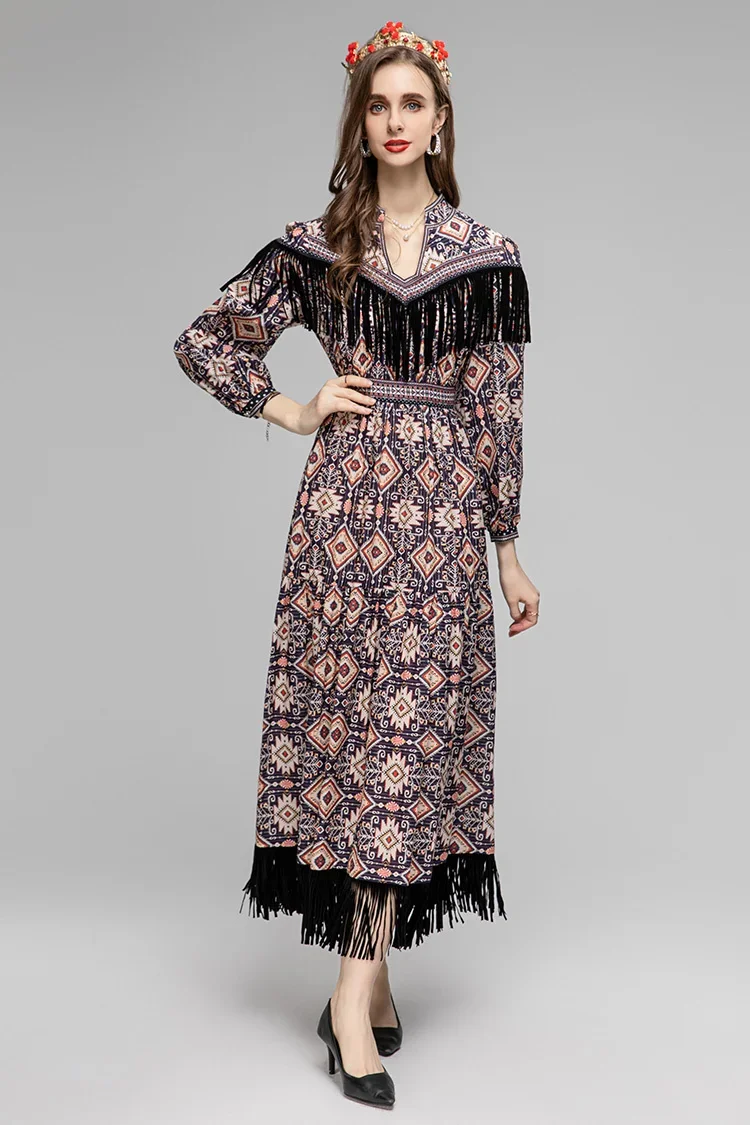 

Summer Fashion Designer Vintage Pattern Printed Vestidos Women Lantern Sleeve Tassels High Elastic Waist A-LINE Long Dress