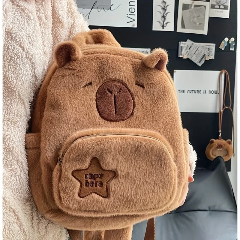 Large capacity Capybara Plush Backpack, Cute Cartoon Animal Print Faux Fur Bag, Zippered Pouch for Women, Ideal Christmas Gift