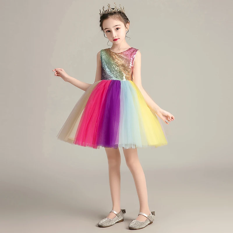 

Luxury Birthday Party Dress for Girl Bow and Sequin Colorful Tulle Dresses Wedding Pageant Children Princess Short Evening Gowns
